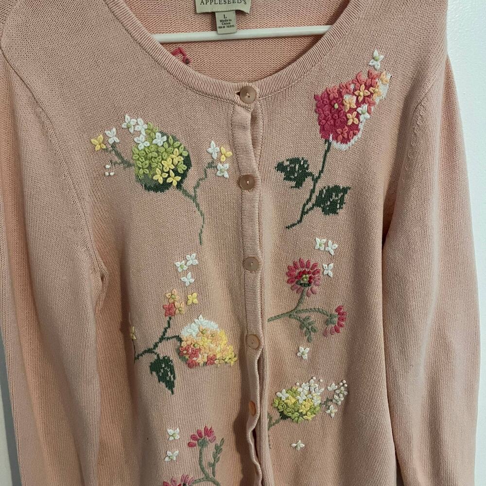 Appleseeds Cardigan Womens Large Pink Floral Embroidered Sweater Cottage Grandma - Picture 3 of 7